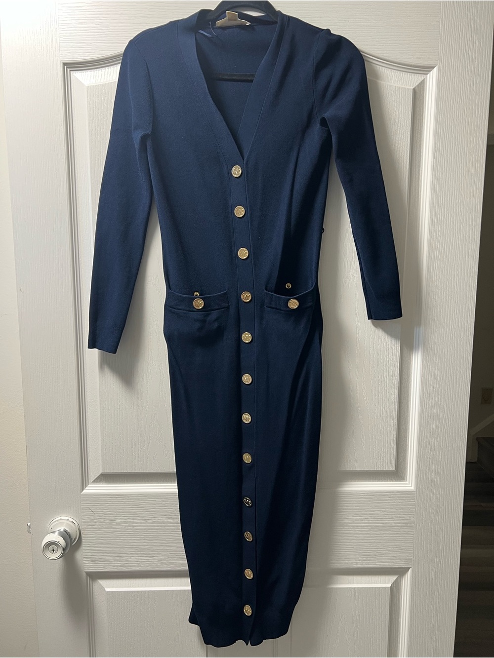 Michael Kors Navy Long-Sleeve Button-Front Knit Dress